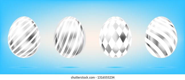 Four silver eggs on the sky blue background. Isolated objects for Easter decoration. Stripes and diamonds ornate
