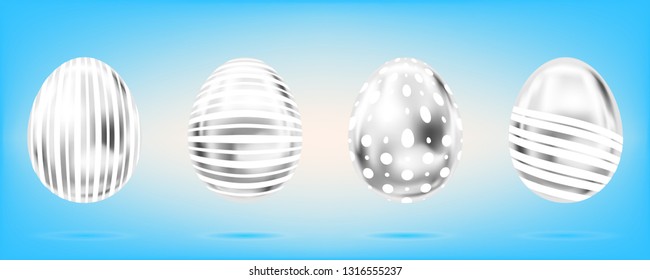 Four silver eggs on the sky blue background. Isolated objects for Easter decoration. Dots and stripes ornate
