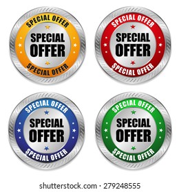 Four silver special offer badges on white background