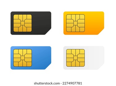 Four SIM cards black, white, blue, yellow. Mobile phone icon microcircuit. Sim Card isolated 3d gsm design. Vector illustration