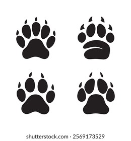 Four simple animal paw prints against a white background. Four distinct black animal paw prints are isolated on a pure white background.