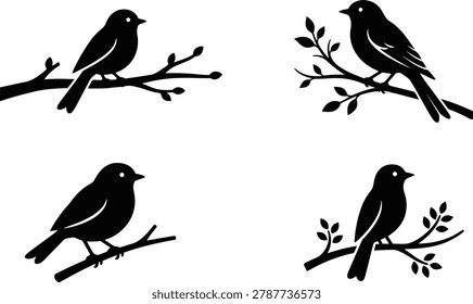 Four simple bird silhouettes perched on leafy branches, showcasing serene songbirds on a transparent background.