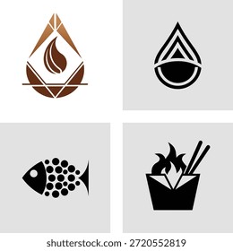 Four simple black and brown line art icons depicting a flame helmet fish and cooking pot isolated on transparent background