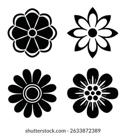 Four simple black flower silhouettes floral design elements