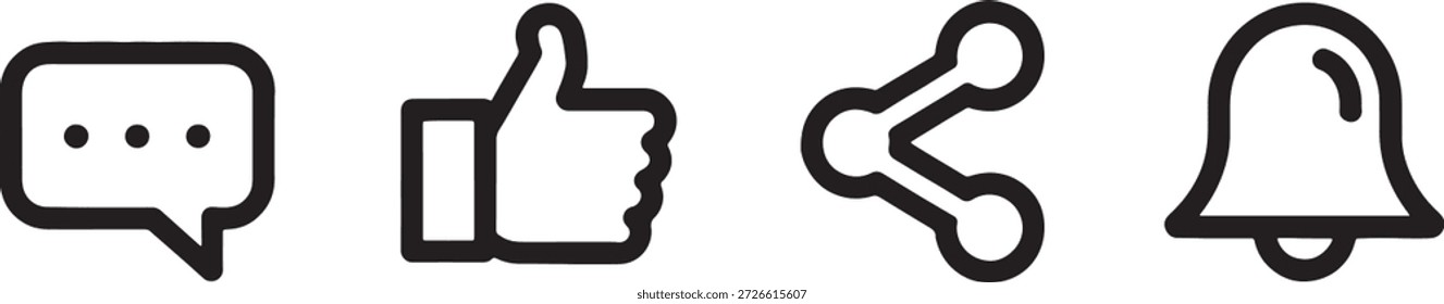 Cuatro simples iconos negros para comentar, compartir y notificar sobre un fondo blanco que simbolizan las interacciones de las redes sociales y la participación del usuario.