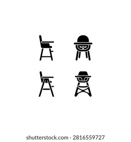 Four simple black icons of high chairs for babies and toddlers are displayed on a clean white background.