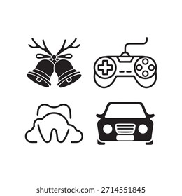 Quatro ícones pretos simples representando sinos de Natal controlador de videogame croissant e carro