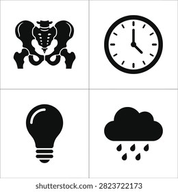 Four simple black icons representing human pelvis anatomy a clock a light bulb and a rain cloud