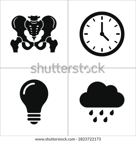 Four simple black icons representing human pelvis anatomy a clock a light bulb and a rain cloud