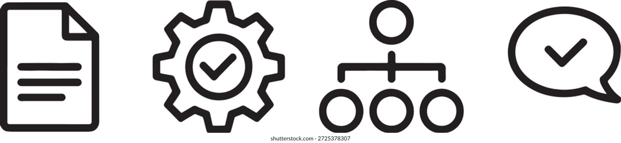 Quatro ícones pretos simples simbolizando o fluxo de trabalho de configurações de arquivo de documento e a comunicação em um fundo branco limpo representam elementos de design de interface do usuário moderno para aplicativos digitais e sites.