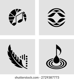 Quatro simples ícones de arte de linha preta representando notas de música ondas sonoras, uma pena e um disco de vinil isolado no fundo transparente