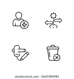 Four simple black line icons are arranged on a white background. The icons depict adding a user, a workflow process, editing a note, and deleting an item. The style is minimalist and flat.