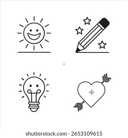 Vier einfache schwarze Linie Symbole Sonne Idee Herz Bleistift