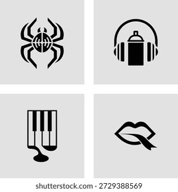 Cuatro simples iconos de línea negra que representan una araña auriculares con un Botón de juego, una lámpara de escritorio y una cinta en forma de corazón aislados