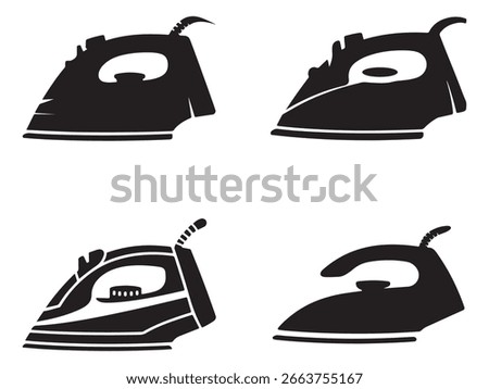 Four simple, black silhouette icons of modern household irons against a white background.