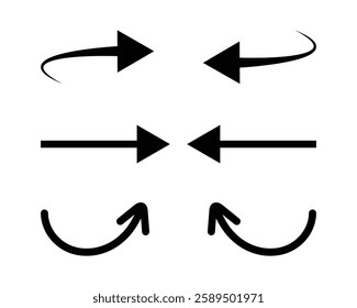 Four simple, black, solid arrows, arranged in a grid pattern. Two arrows curve in opposite directions