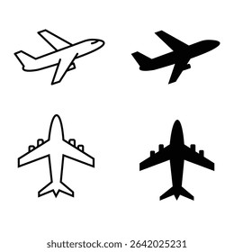 Four simple black and white icons of airplanes in various views.