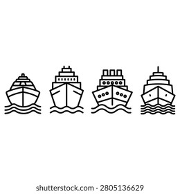 Four simple black and white line art icons depicting cruise ships sailing on ocean waves for modern graphic design projects