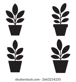 Quatro simples preto e branco potted planta ícones