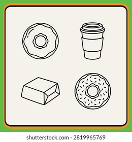 Four simple breakfast food icons including donuts and coffee cup with box