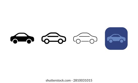 Four simple car icons in varying line styles and one app badge style