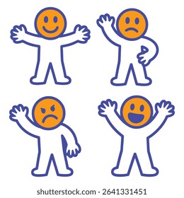 Four simple figures showing different emotions happy sad angry and excited