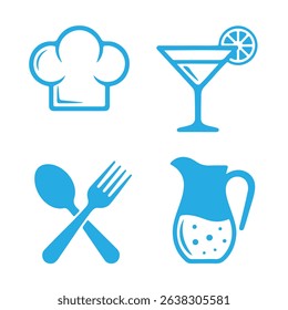 Four simple flat blue icons representing elements of a restaurant or bar