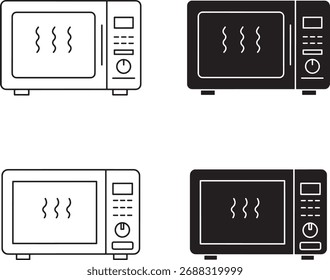 Quatro ilustrações simples e planas de micro-ondas, duas em contorno e duas em silhueta, mostrando o vapor dentro.
