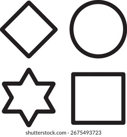Four simple geometric shapes: a diamond, circle, star, and square, presented as black outlines on a white background.
