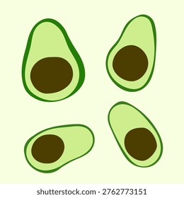Four simple, hand-drawn avocado halves with dark brown pits and green skins. These flat vector icons feature organic, pear-like shapes arranged on a light mint green background.