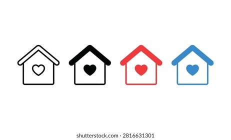 Four simple house icons in different colors each containing a heart shape