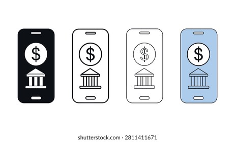 Four simple icon designs show smartphones with dollar signs and bank buildings representing digital finance