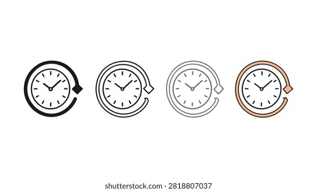 Four simple icons of clocks are displayed sidebyside with circular arrows