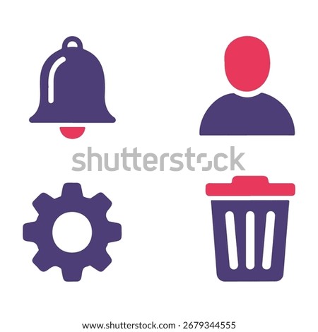 Four simple icons are displayed: a bell, a user profile, a gear, and a trash can.  These symbols represent notifications, account, settings, and deletion.