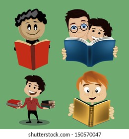 four simple icons of people reading books and having fun