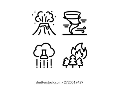 Cuatro iconos simples que representan desastres naturales: erupción volcánica, tornado, lluvia ácida e incendio forestal.