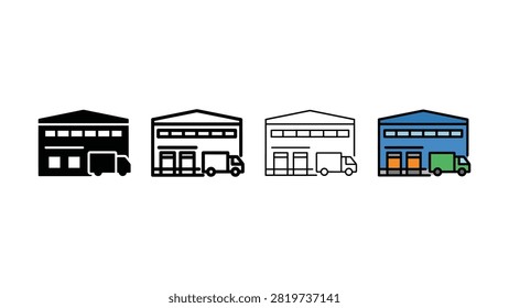 Four simple illustrated warehouses each with a truck parked outside