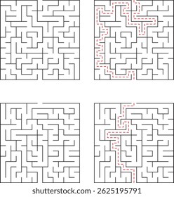 Four simple labyrinth puzzles featuring the difficulties in solving them with red highlighted solutions
