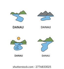 Four simple lake landscape symbols show blue water, green or gray mountains, and one sun element on a white background. Each symbol includes the word Danau.