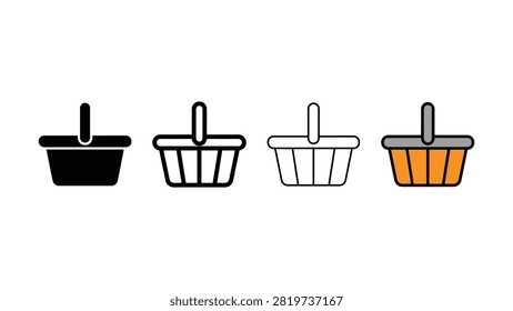 Four simple line art baskets with handles in black white and orange colors