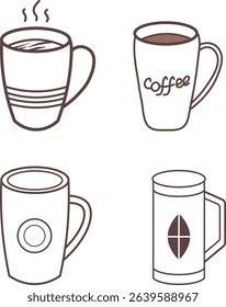 Four Simple Line Art Coffee Mugs, coffee mug icon outline vector illustration mug line art design	
