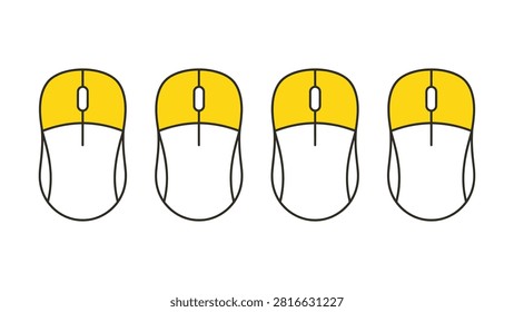 Four simple line art computer mouse icons featuring yellow scroll wheel areas