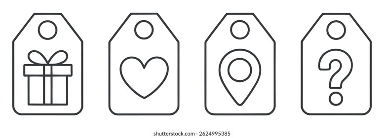 Four simple line art gift tags with icons: gift box, heart, location pin, and question mark. Perfect for various designs.