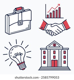 Four simple line art icons representing key business concepts.