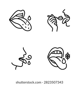 Four simple line art icons depicting human senses of taste and smell with water drops and a wheat stalk