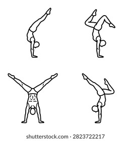 Four simple line drawings of a gymnast performing different acrobatic poses