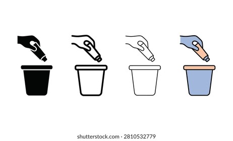 Four simple line drawings show hands dropping various items into trash bins