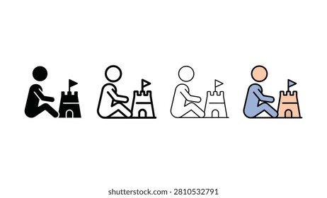 Four simple line drawings show people constructing sandcastles with flags on top