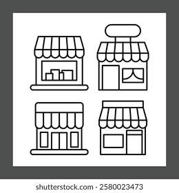 Four simple line drawings of storefronts, each with a striped awning