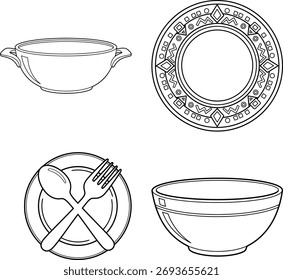 Cuatro dibujos de línea simples de vajilla | ilustración de arte de línea para libro de colorear simple
